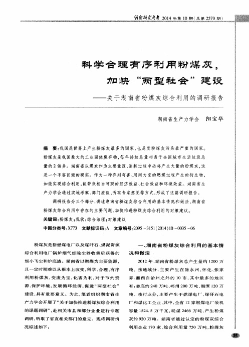 科学合理有序利用粉煤灰,加快“两型社会”建设——关于湖南省粉煤灰综合利用的调研报告