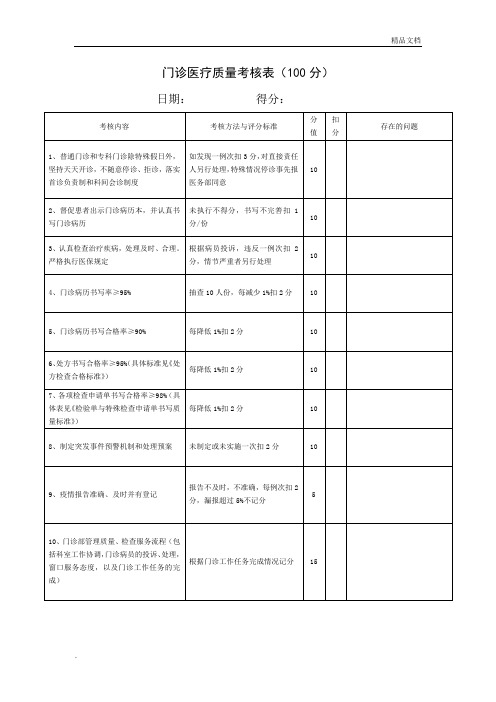 门诊医疗质量考核表