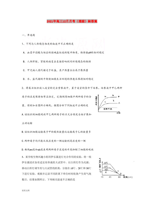 2021-2022年高三12月月考(理综)缺答案