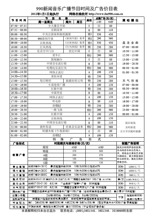 米东人民广播电台(990新闻音乐广播)2012年节目及广告价目表