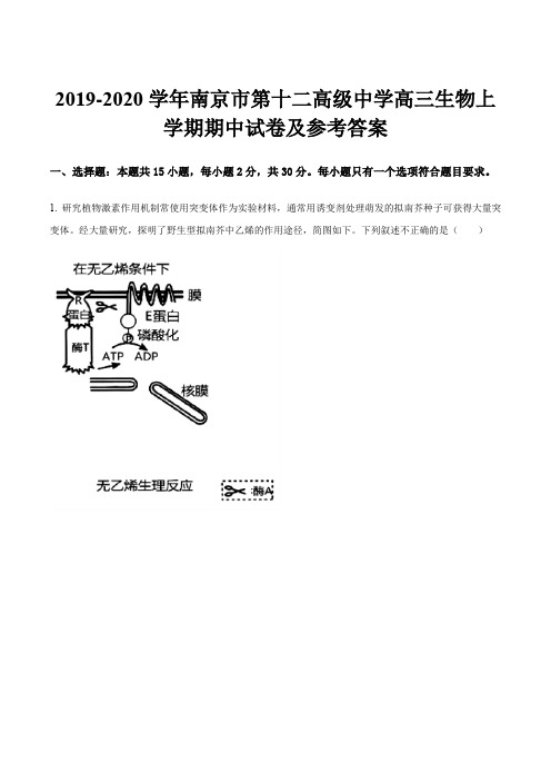 2019-2020学年南京市第十二高级中学高三生物上学期期中试卷及参考答案