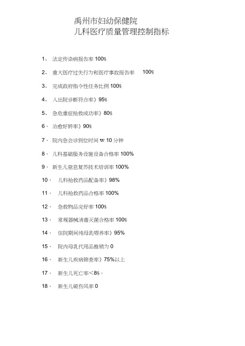 儿科医疗质量管理控制指标