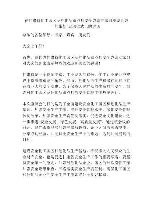 在甘肃省化工园区及危化品重点县安全咨询专家组座谈会暨“师带徒”启动仪式上的讲话