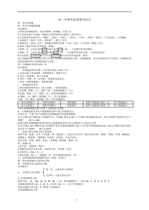 人教版生物必修一的必背知识点