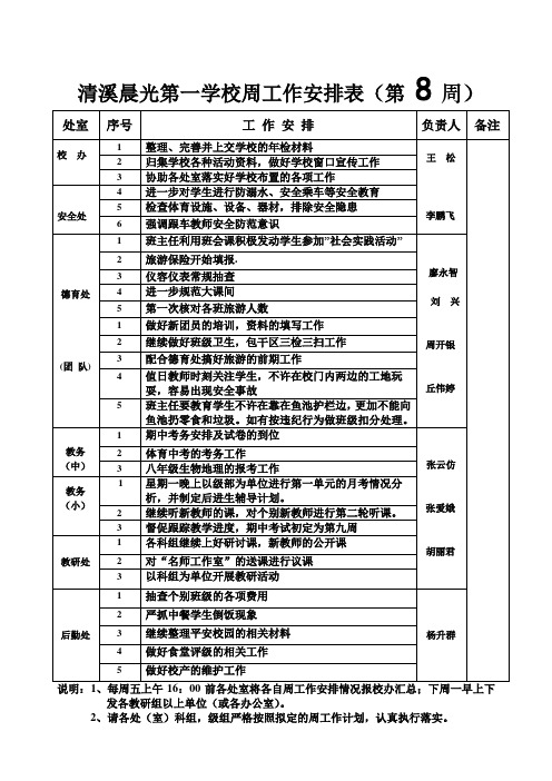 清溪晨光第一学校周工作安排表第8周