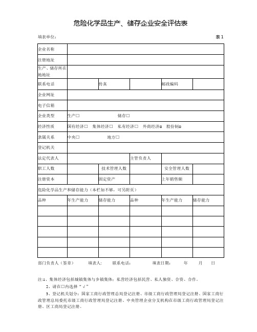 危险化学品生产储存企业安全评估表