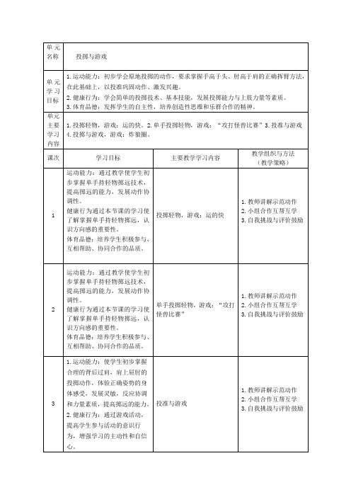 小学体育与健康一年级投掷与游戏单元整体教学设计