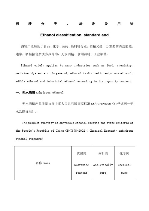 酒精分类 标准及用途