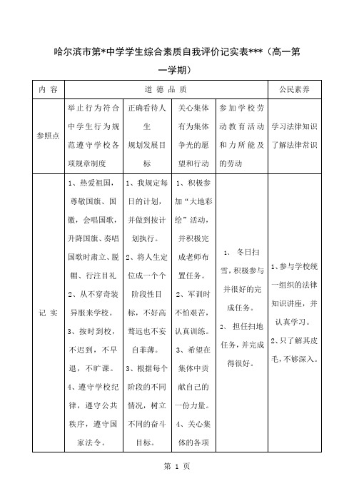 哈尔滨市第三中学学生综合素质自我评价记实表高一第一学期-26页word资料