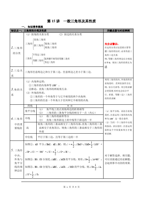 初中数学九年级下册《第15讲 三角形的基本知识及全等三角形》知识点归纳