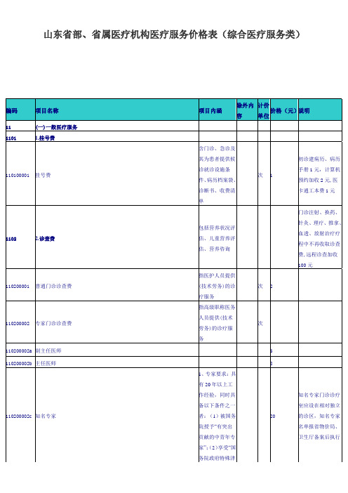 2021年山东省医疗机构医疗服务价格表(综合医疗服务类)