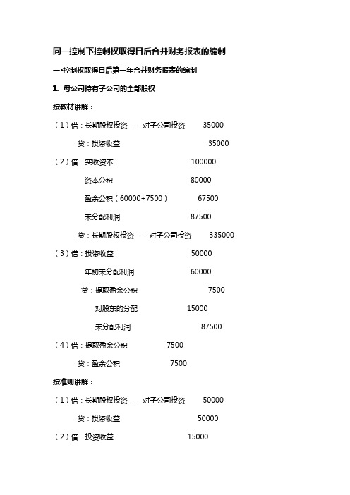 同一控制下控制权取得日后合并财务报表的编制