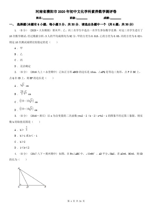 河南省濮阳市2020年初中文化学科素养数学测评卷