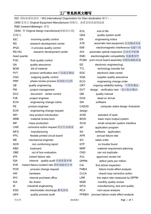工厂常见的英文缩写
