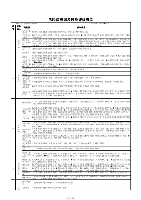 电气试验专业危险源辨识及风险评价清单