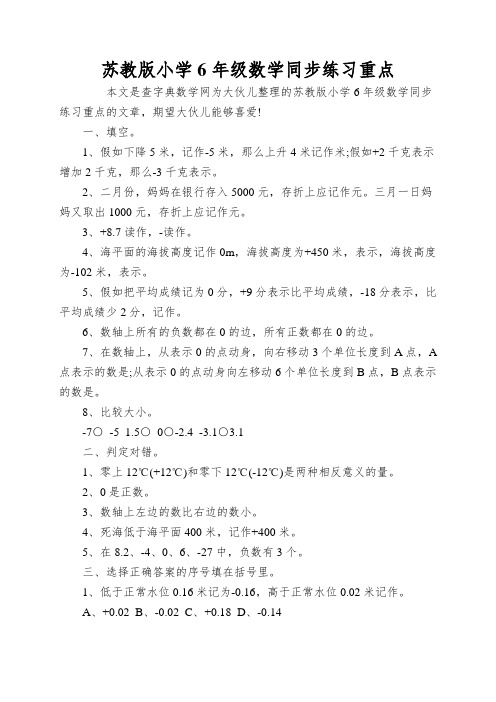 苏教版小学6年级数学同步练习重点