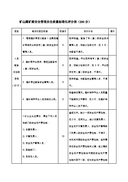 矿山尾矿库安全管理安全质量标准化评分表