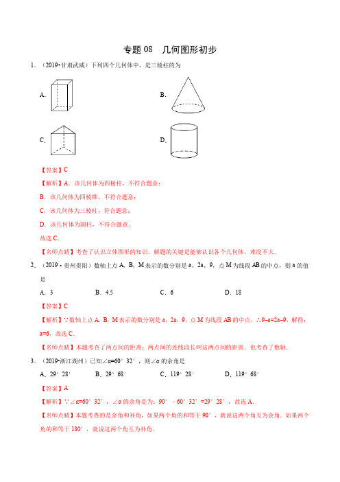 精选2019年中考数学最全真题分类汇编全集之专题08 几何图形初步(解析版)