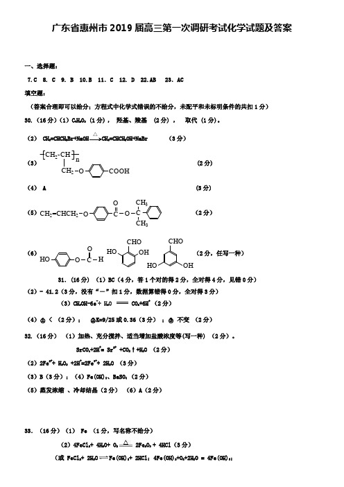 广东省惠州市2019届高三第一次调研考试化学试题及答案