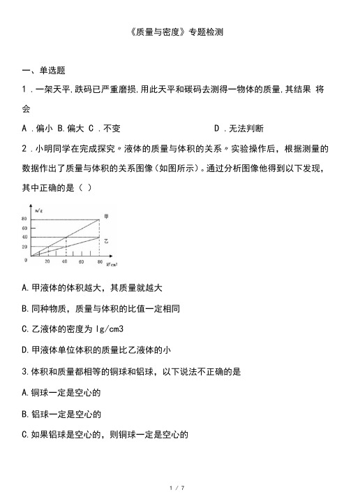 2021人教版初中物理中考复习专题《质量与密度》专题检测(含答案)