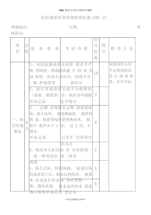 医院感染管理常规检查标准