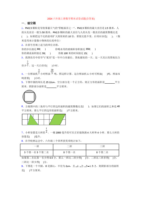 2024六年级上册数学期末试卷试题(含答案)