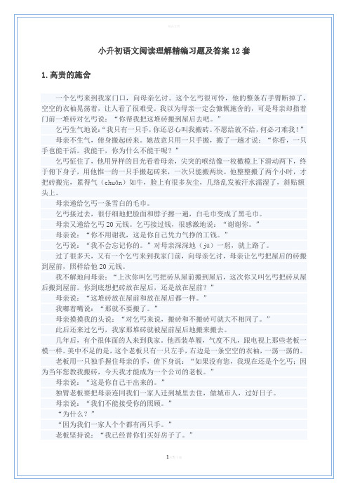 小升初语文阅读理解精编练习题及答案12套