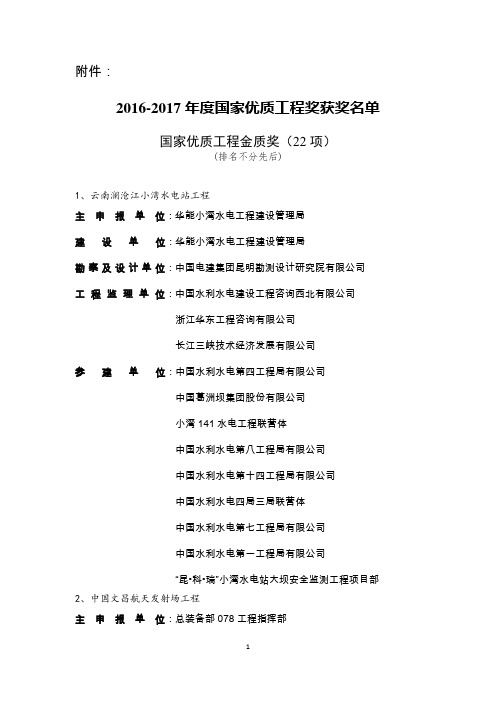 2016-2017年度国家优质工程奖获奖工程名单