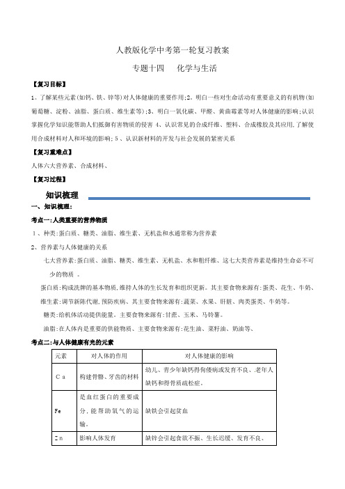 人教版初中化学九年级一轮  化学与生活 教案