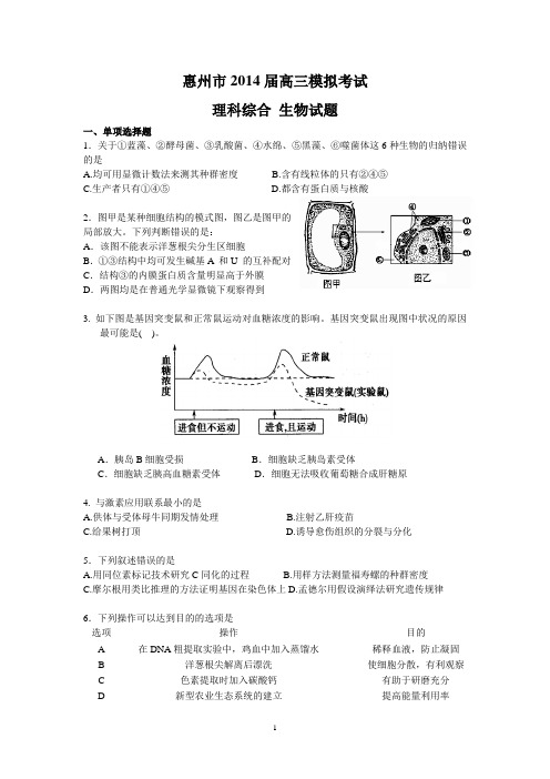 广东省惠州市2014届高三模拟考试 二理综含答案