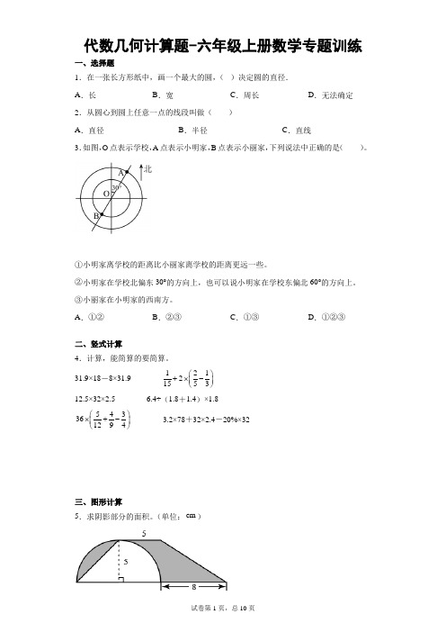 代数几何计算题-六年级上册数学专题训练含详解