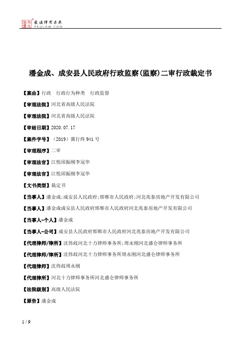 潘金成、成安县人民政府行政监察(监察)二审行政裁定书