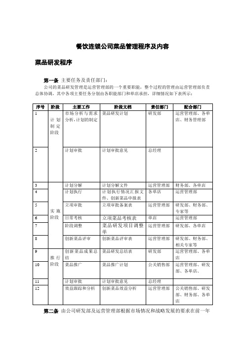 餐饮连锁公司菜品管理程序及内容