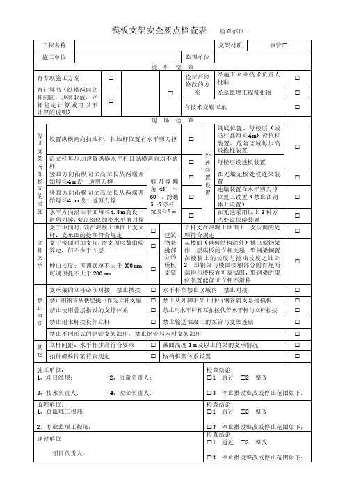 梁柱砼同时浇筑模板检查表