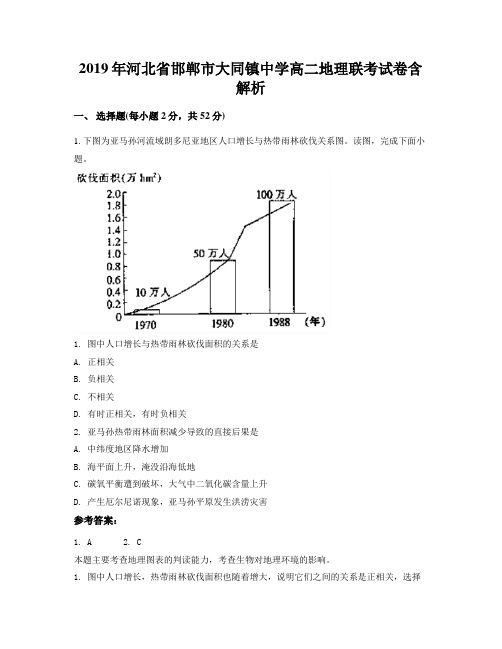 2019年河北省邯郸市大同镇中学高二地理联考试卷含解析