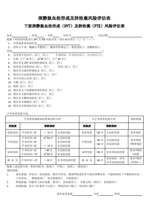 深静脉血栓形成及肺栓塞风险评估表