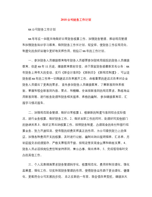 2018公司财务工作计划 1