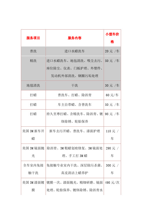 汽车美容项目价格表  最新