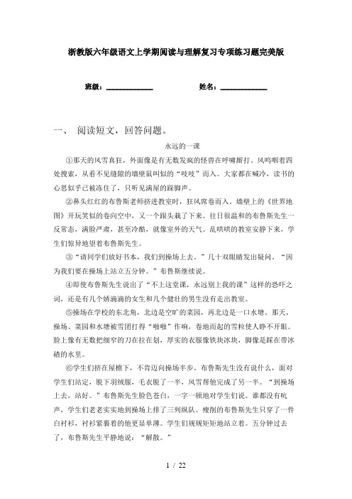 浙教版六年级语文上学期阅读与理解复习专项练习题完美版