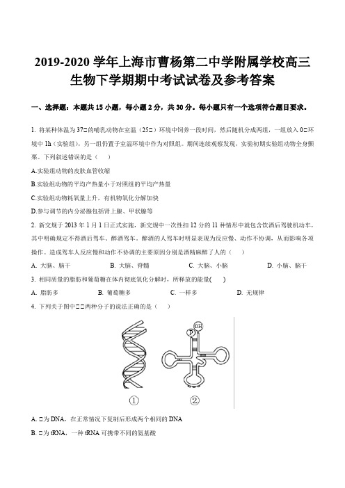 2019-2020学年上海市曹杨第二中学附属学校高三生物下学期期中考试试卷及参考答案