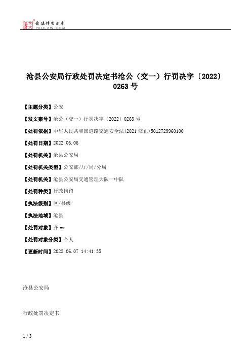 沧县公安局行政处罚决定书沧公（交一）行罚决字〔2022〕0263号