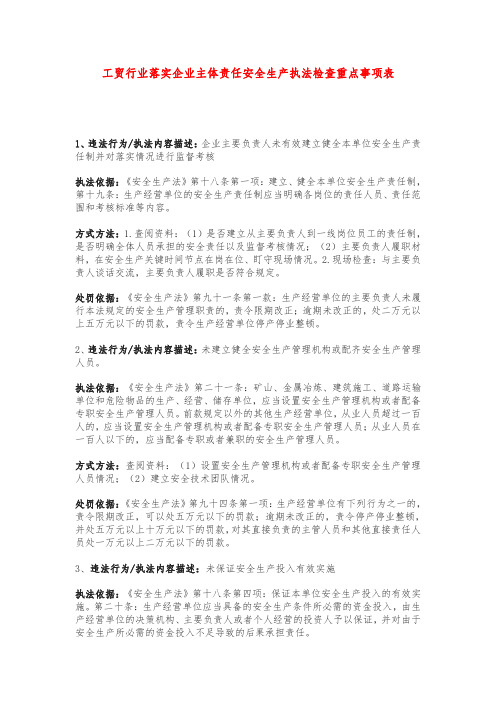 工贸行业落实企业主体责任安全生产执法检查重点事项表