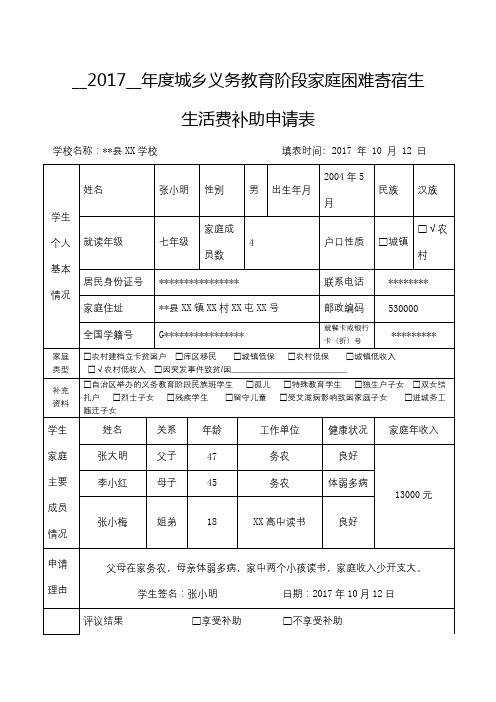 2017__年度城乡义务教育阶段家庭困难寄宿生生活费补助申请表【模板】