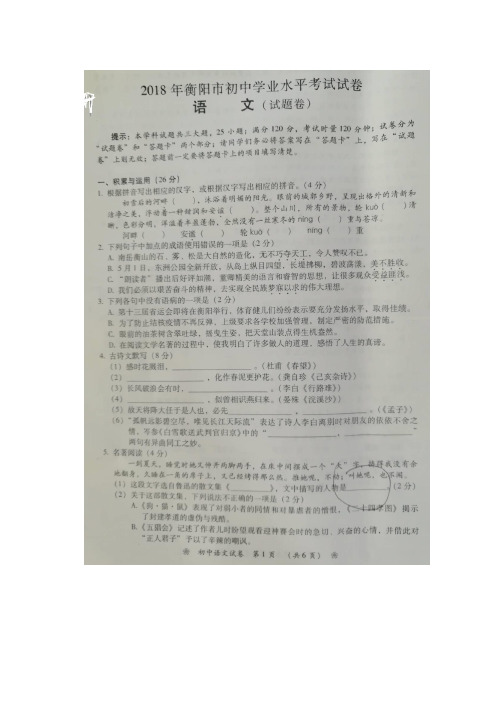 八年级上册语文湖南省衡阳市2020年中考语文试题(图片版,含答案)