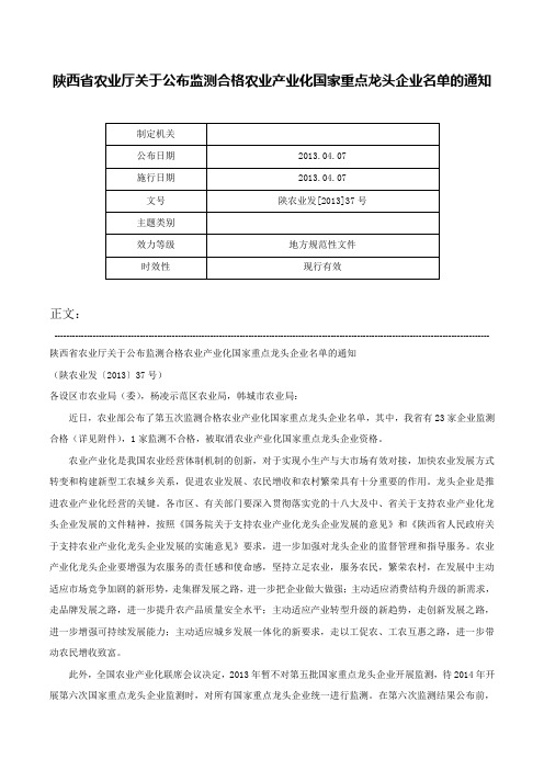 陕西省农业厅关于公布监测合格农业产业化国家重点龙头企业名单的通知-陕农业发[2013]37号