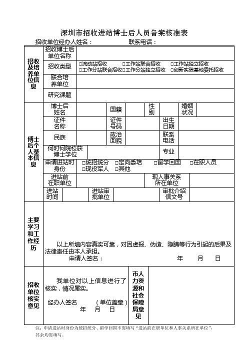 深圳招收进站博士后人员备案核准表