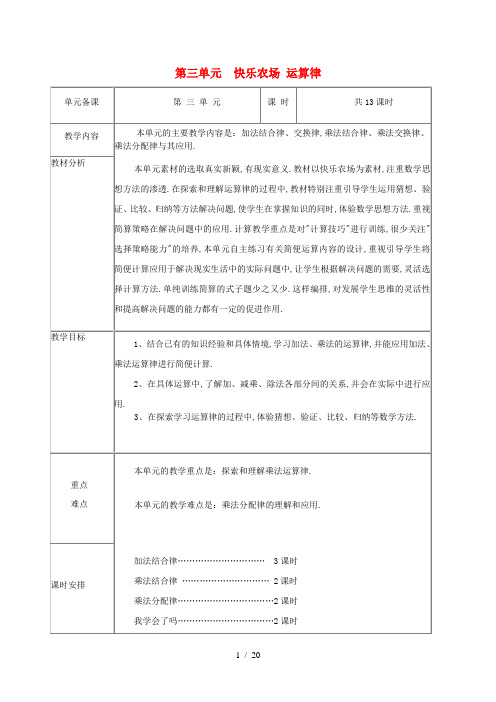 四年级数学下册第三单元《快乐农场运算律》单元备课教案青岛版六三制