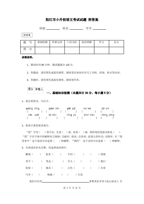 阳江市小升初语文考试试题 附答案