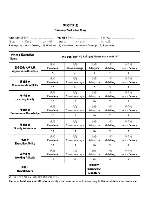 面试评价表(Interview Evaluation Form)中英文版