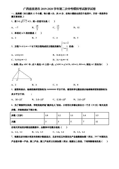 广西省贵港市2019-2020学年第二次中考模拟考试数学试卷含解析